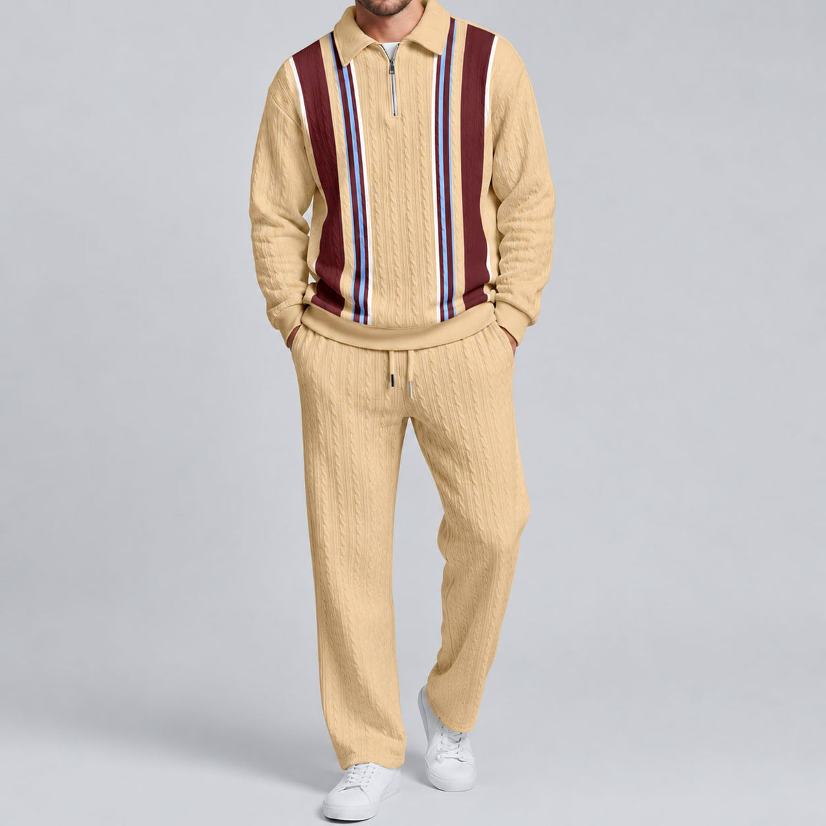 Men's Vertical-Striped Polo Shirt and Pants Set