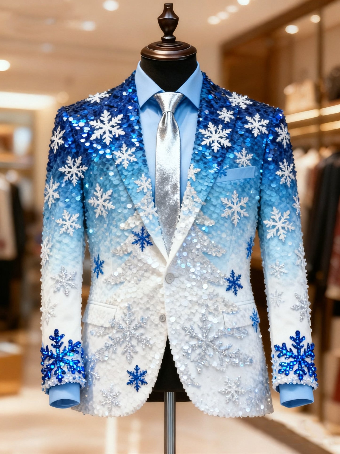 Men's Business Casual Large Pocket Notch Lapel Print Christmas Snowflake Blazers