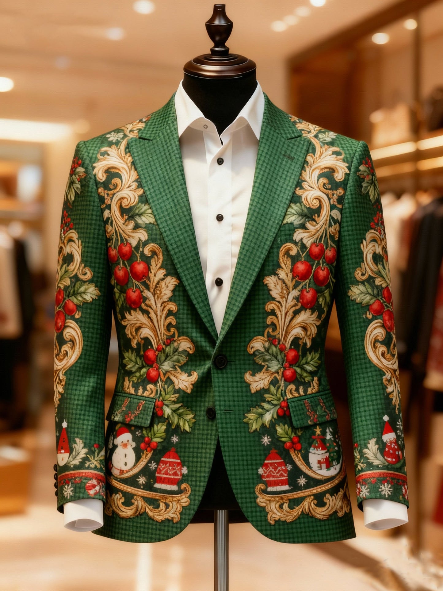 Men's Business Casual Large Pocket Christmas Print Blazers