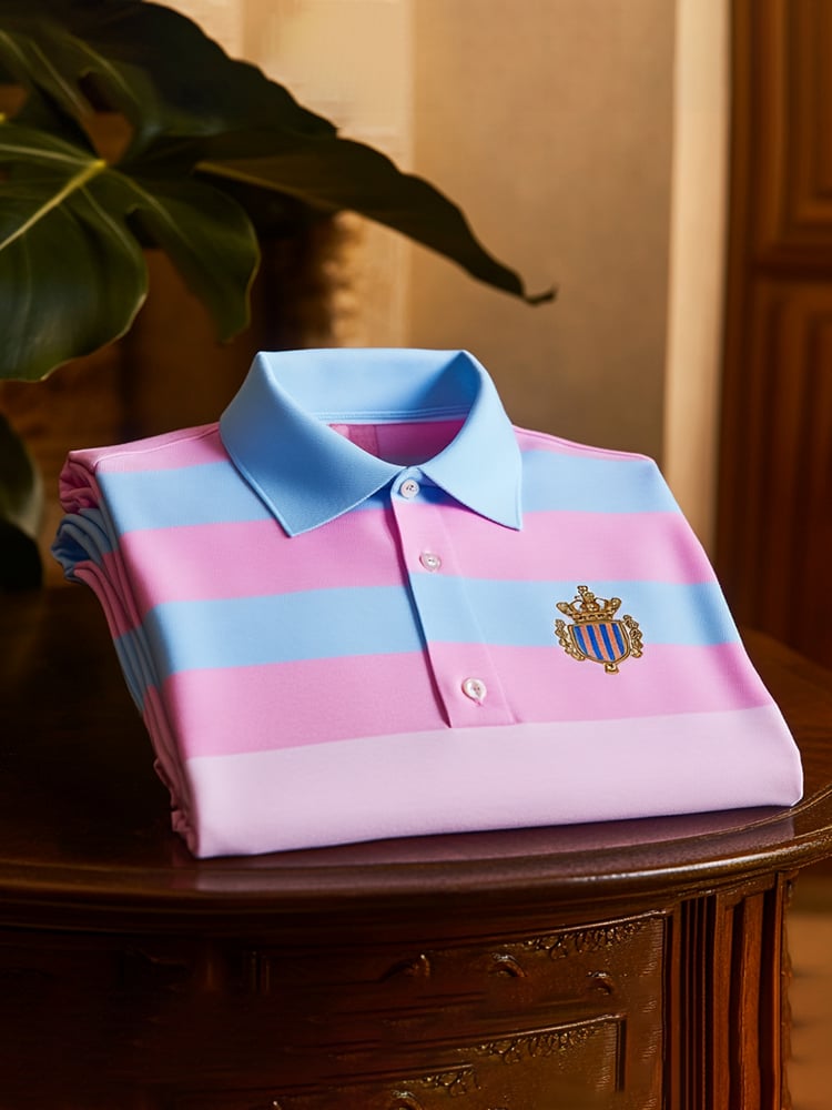 Men's Classic Business Check Logo Button Short Sleeve Polo Shirt