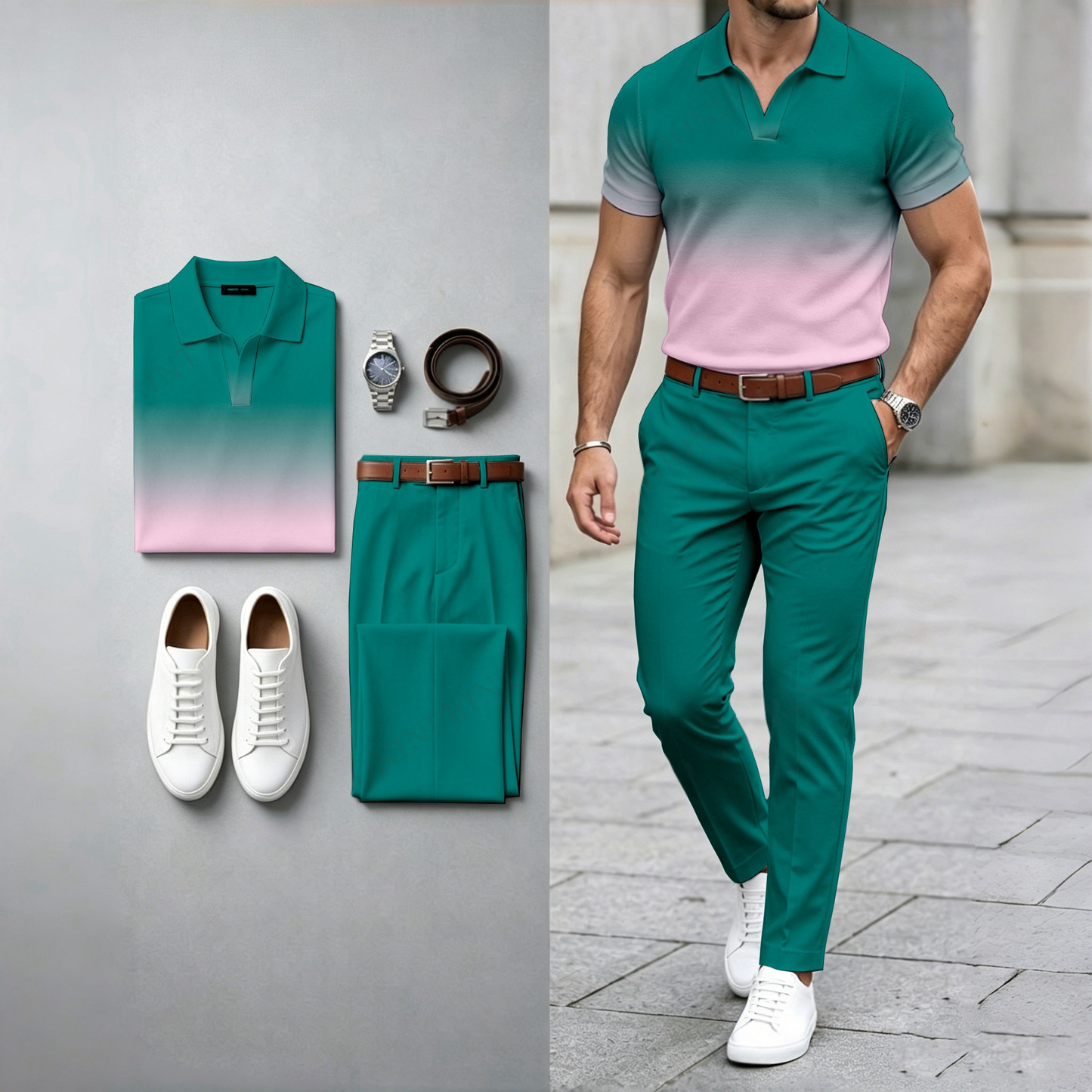 Men's Casual Gradient-Print Short-Sleeve Polo Shirt And Pants Set (Excludes Accessories Such As Watches And Belts)