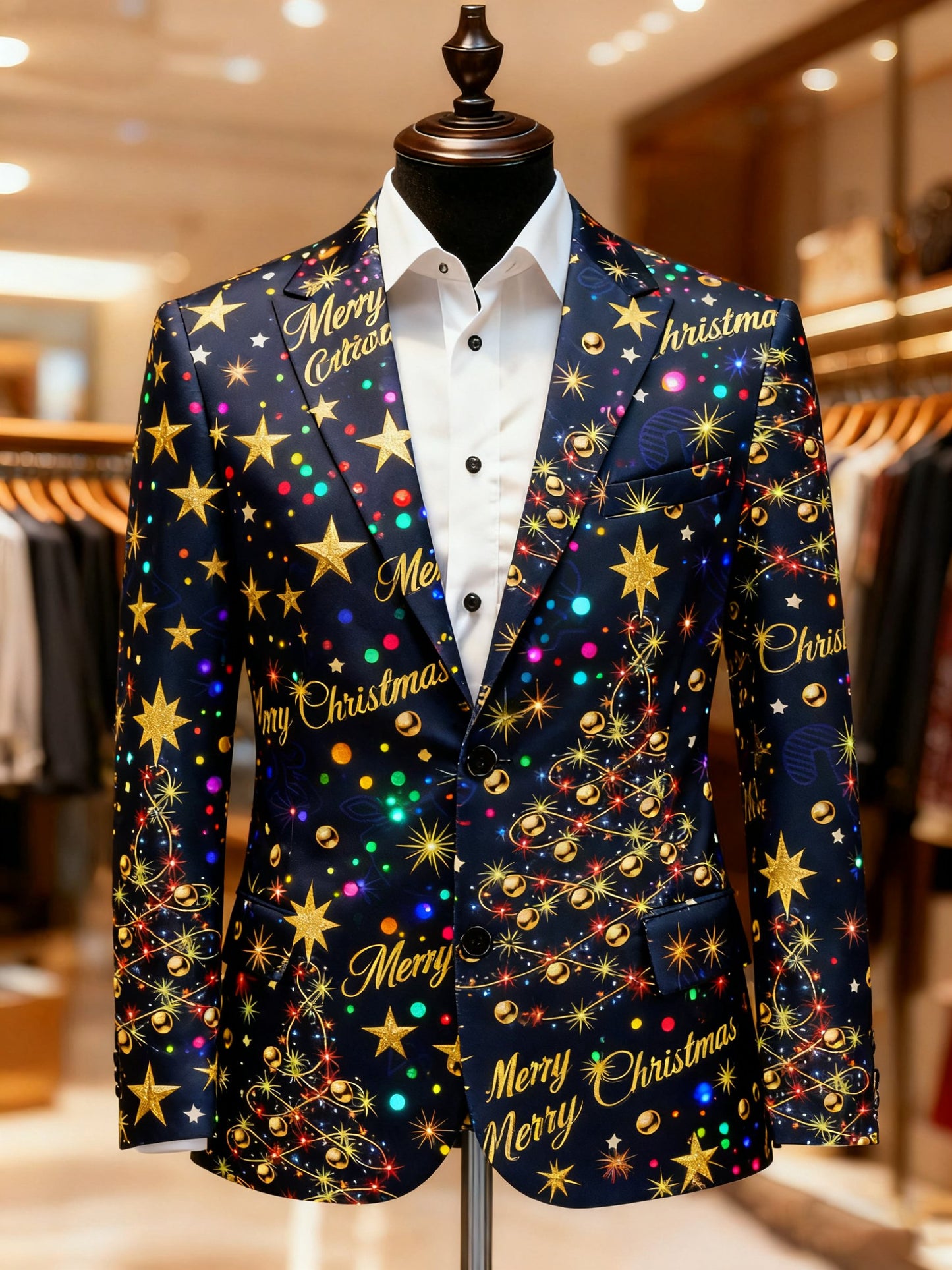 Men's Christmas Casual Print Large Pocket Blazers