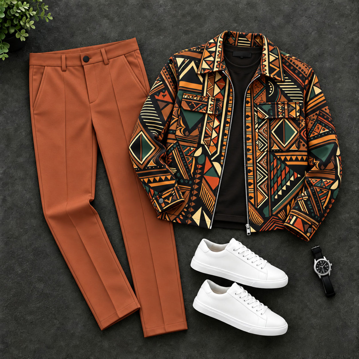Men's Multi-Color Block-Print Zipper Cardigan and Pants Set
