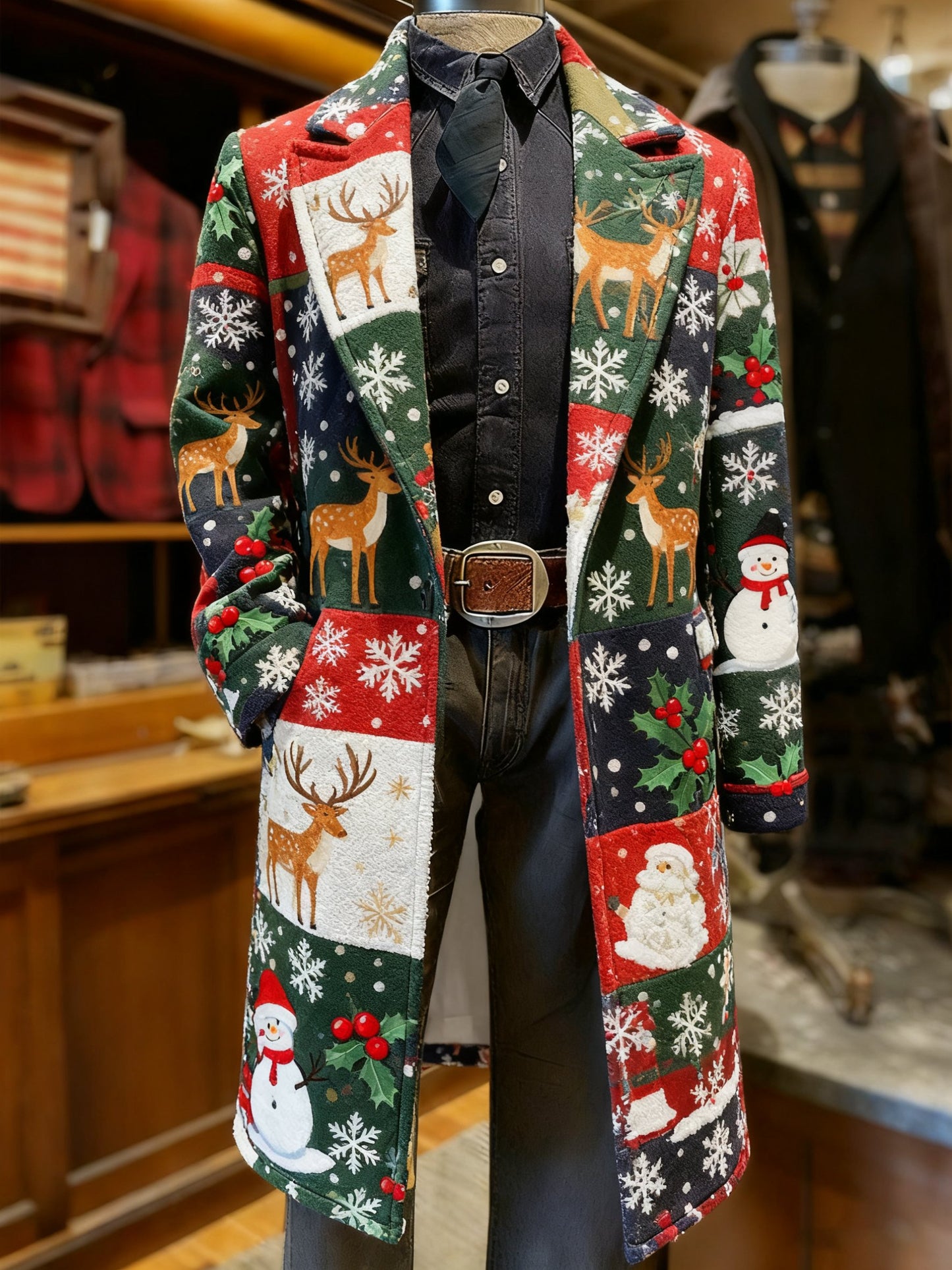 Men's Business Christmas Snowflake Long Wool Coat