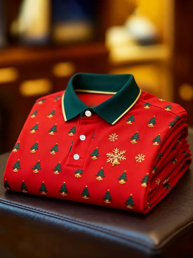 Men's Christmas-Themed Printed Short-Sleeved Polo Shirt