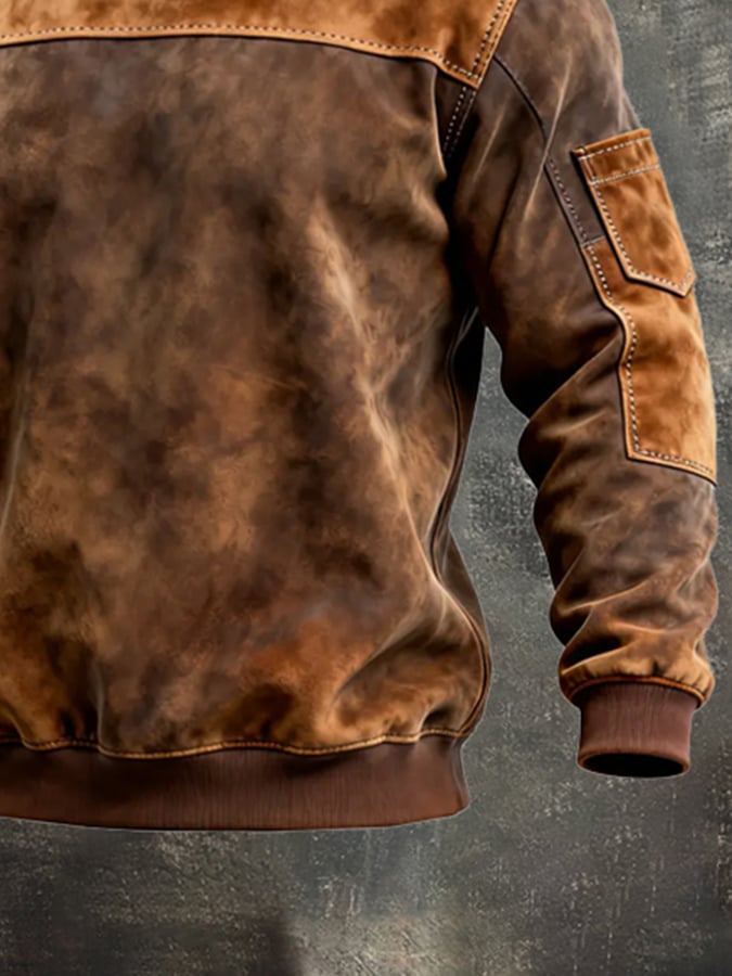 Men's Vintage Suede and Lambswool Collar Long Sleeve Sweatshirt
