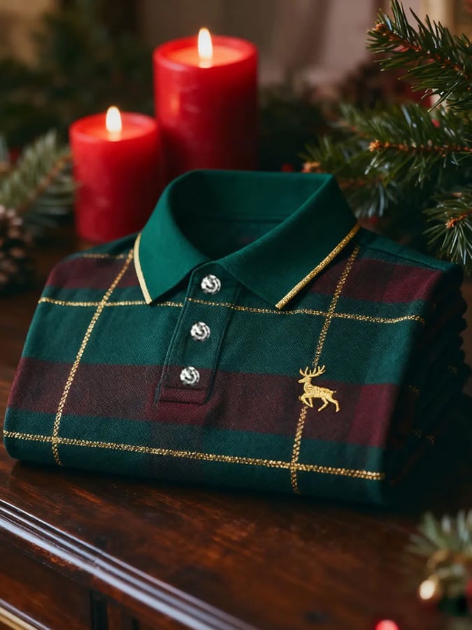 Men's Christmas-Themed Printed Short-Sleeved Polo Shirt