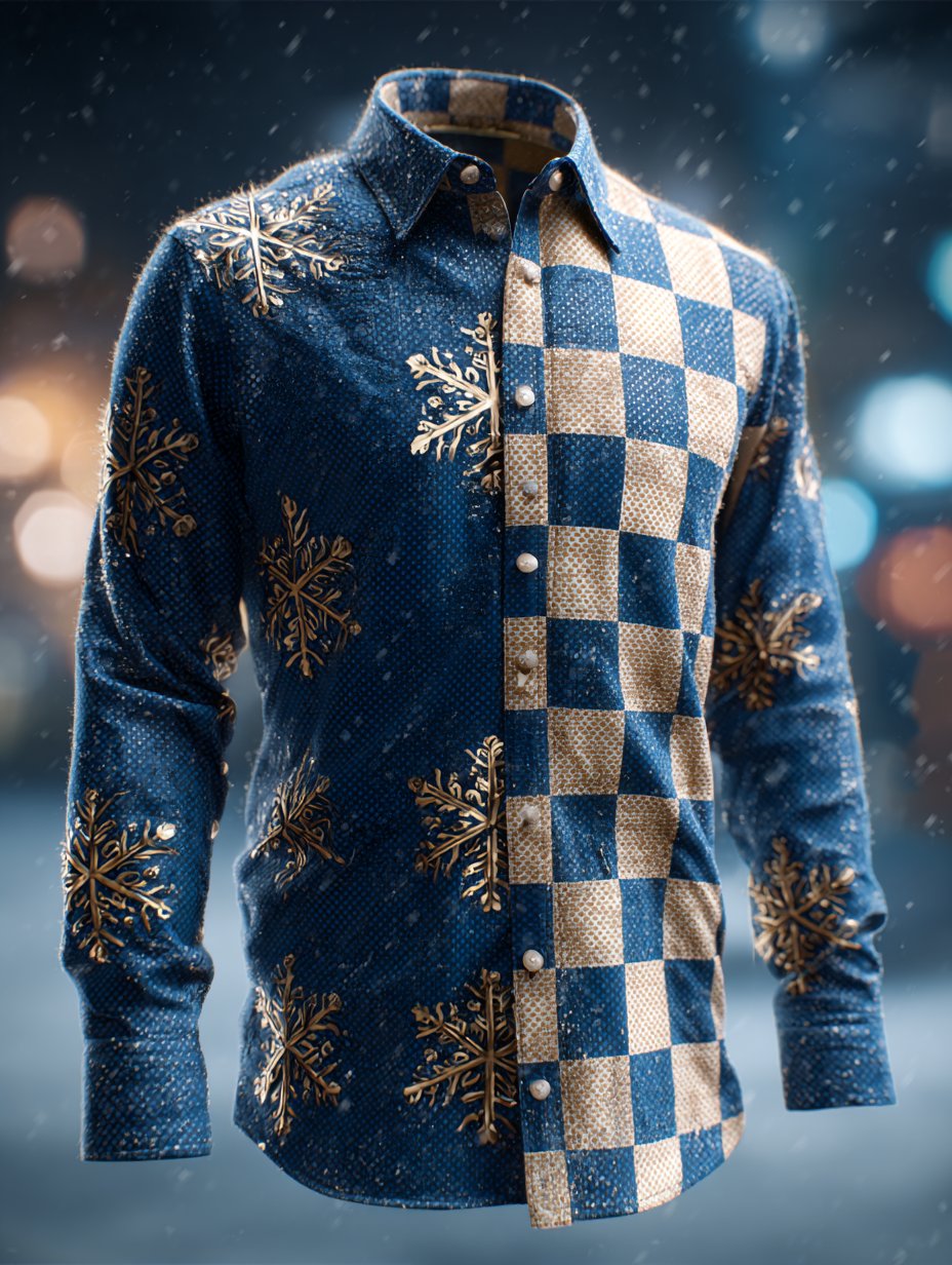 Men's Business Luxury Retro Christmas Plaid Snowflake Long Sleeve Shirt