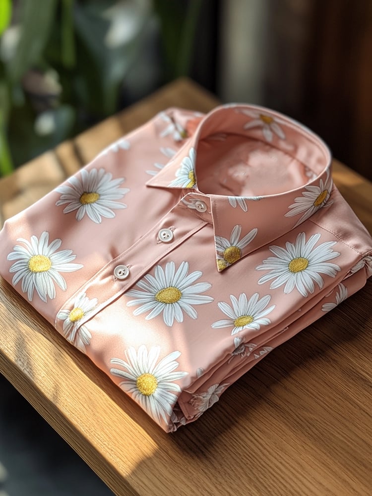 Men's Business Casual Pink Daisy Lapel Short Sleeve Shirt