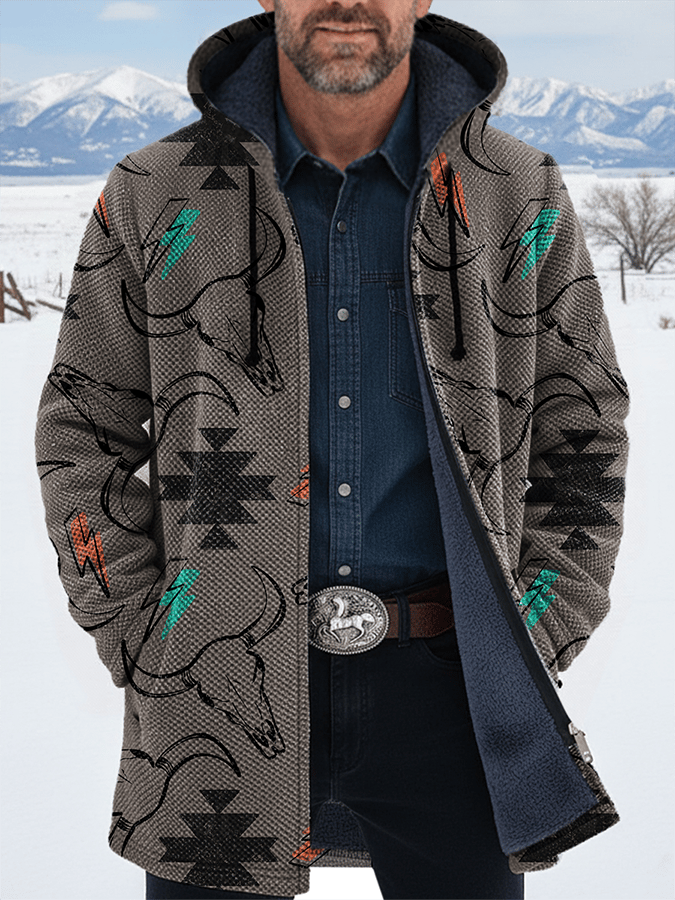 Men's Western Aztec Print Plush Long Sleeve Cardigan Jacket