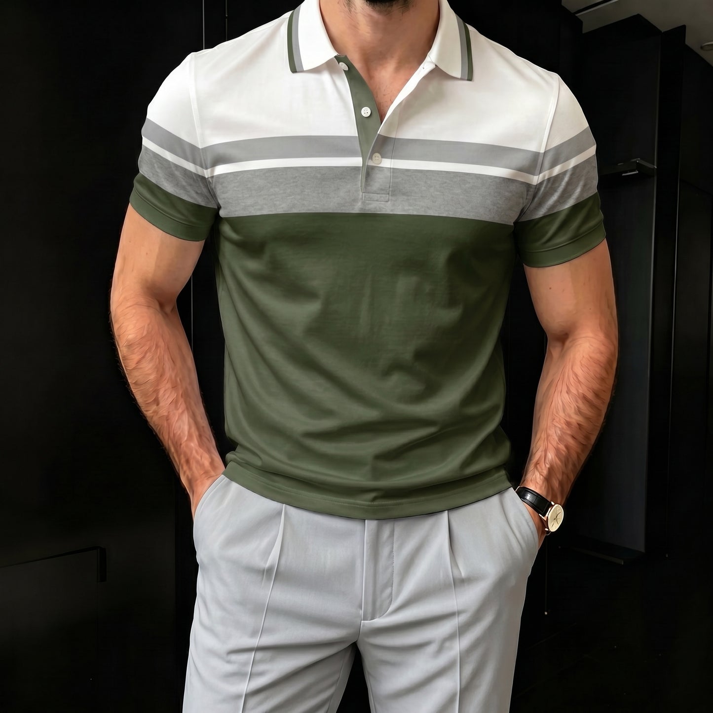 Men's Casual Green And Gray Stripes Polo Shirt