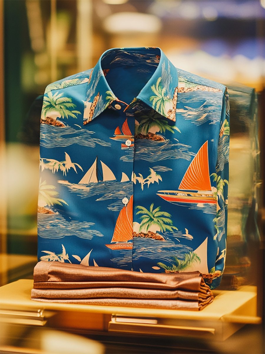 Men's Holiday Casual Sailing Wave Print Long Sleeve Shirt
