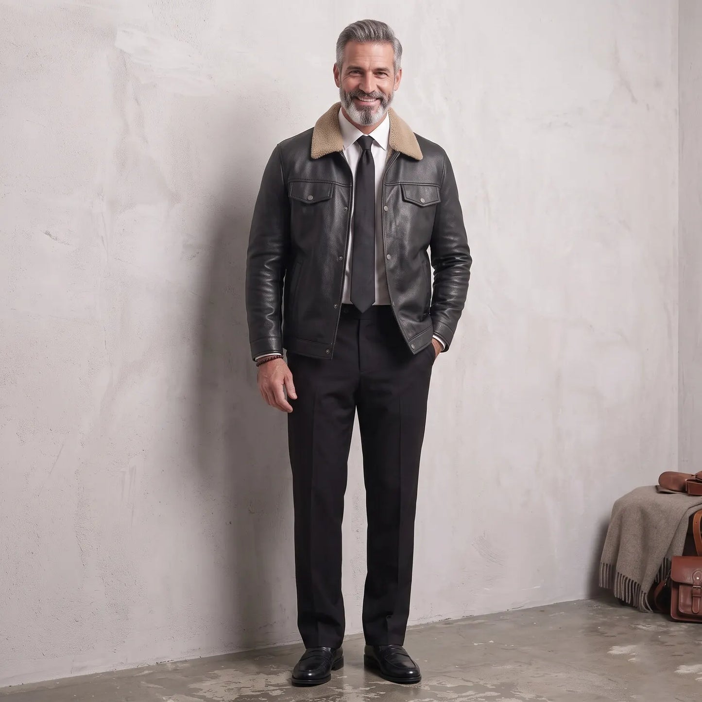 Men's Vintage Fuzzy Turndown Collar Snap Button Zip-Up PU Leather Jacket