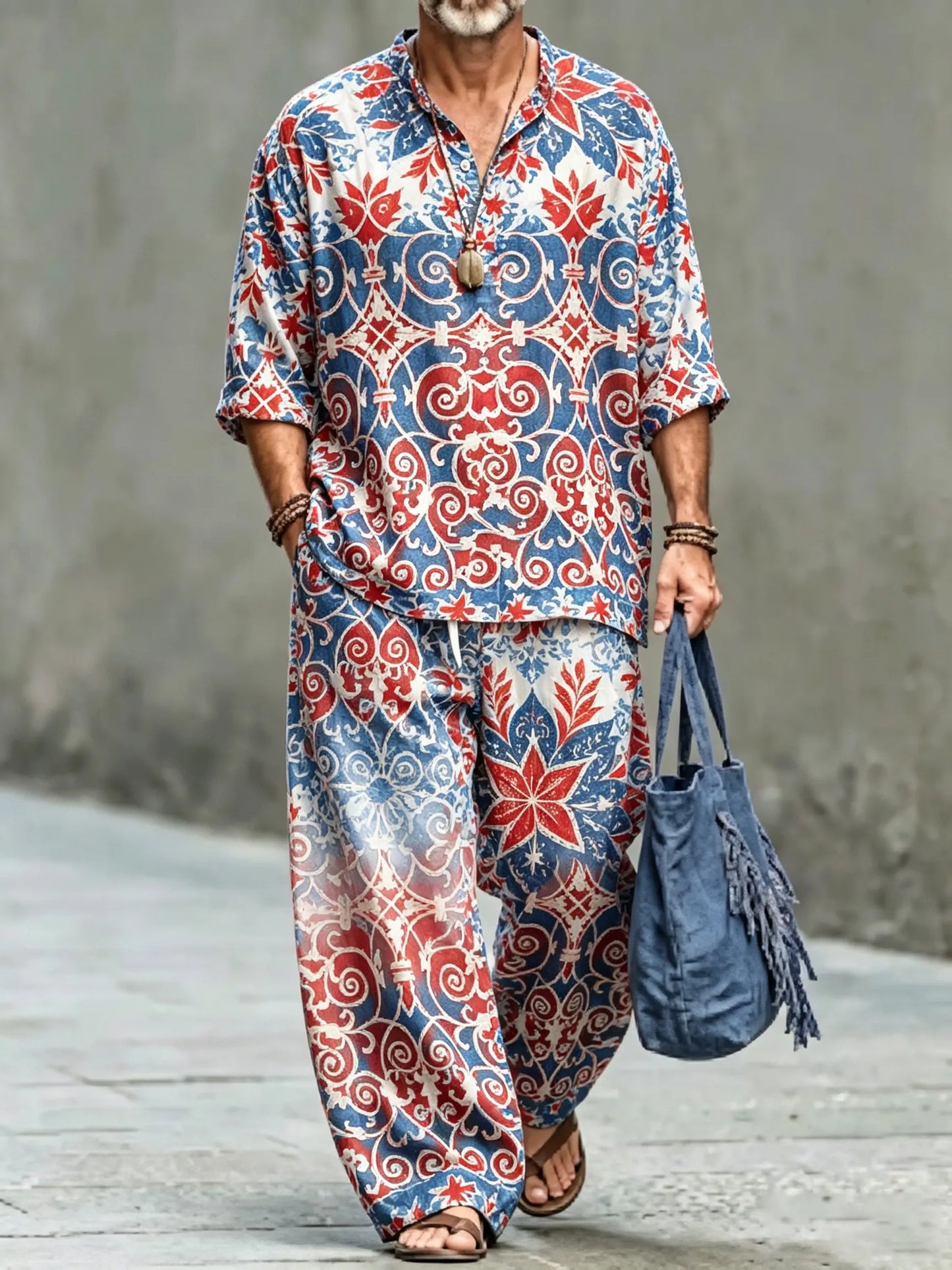 Men's Vintage Abstract Art Printed Cotton Shirt Set (Top & Pants)