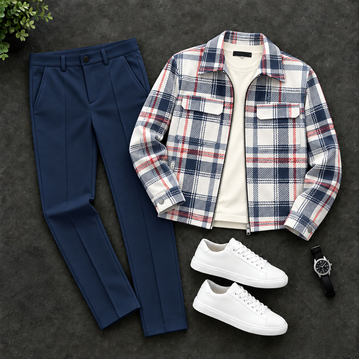 Men's Blue Checkered Zipper Cardigan and Pants Two-Piece Set