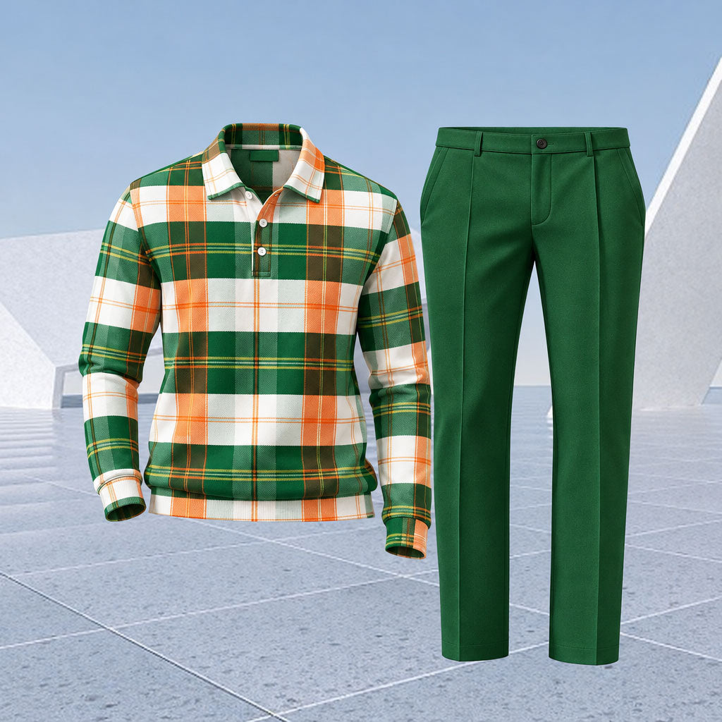 Men's Colorful Checkered Print Polo Shirt and Pants Two-Piece Set
