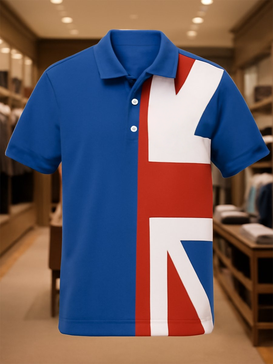 Men's Business Casual Union Jack Button Short Sleeve Polo Shirt