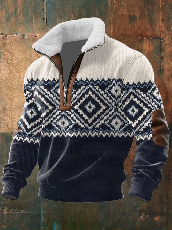 Men's Retro Western Texture Print Knit Fabric Zipper Fur Collar Long Sleeve Sweatshirt