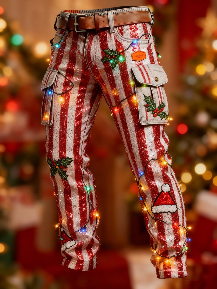 Men's Retro Christmas Holly Striped Print Cargo Pants