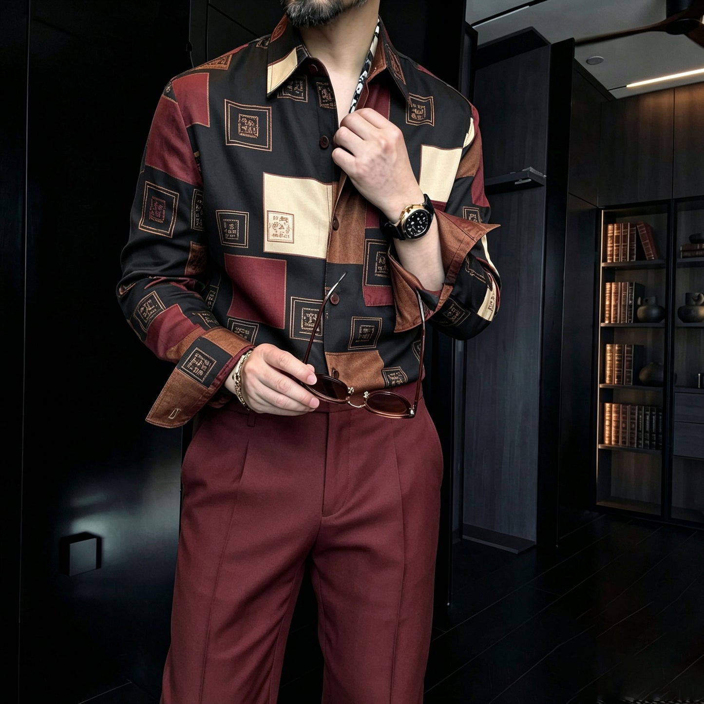 Men's Casual Multi-Color Block-Print Collared Long-Sleeve Shirt and Pants Two-Piece Set