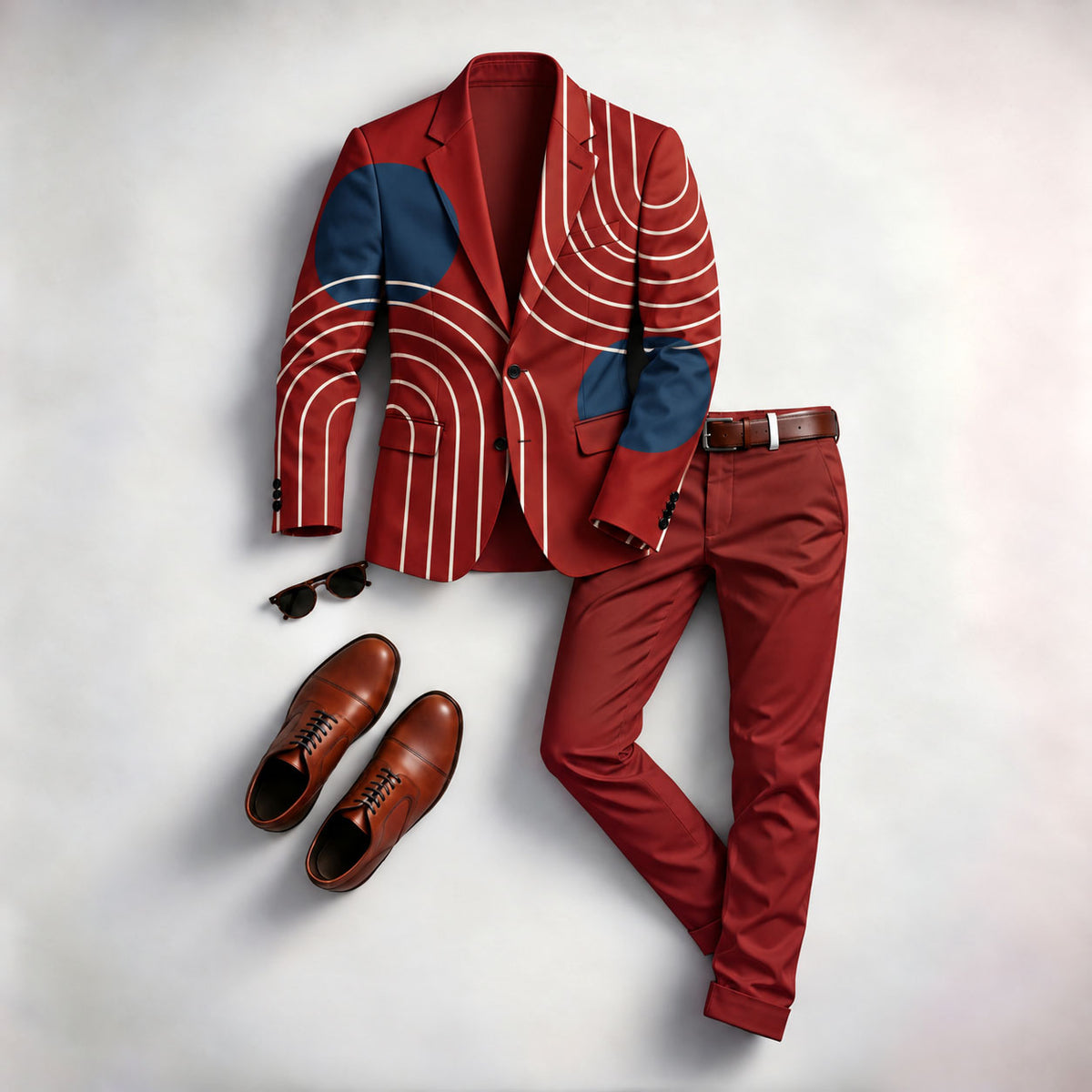 Men's Two-Piece Suit Set with Geometric-Print Blazer and Pants