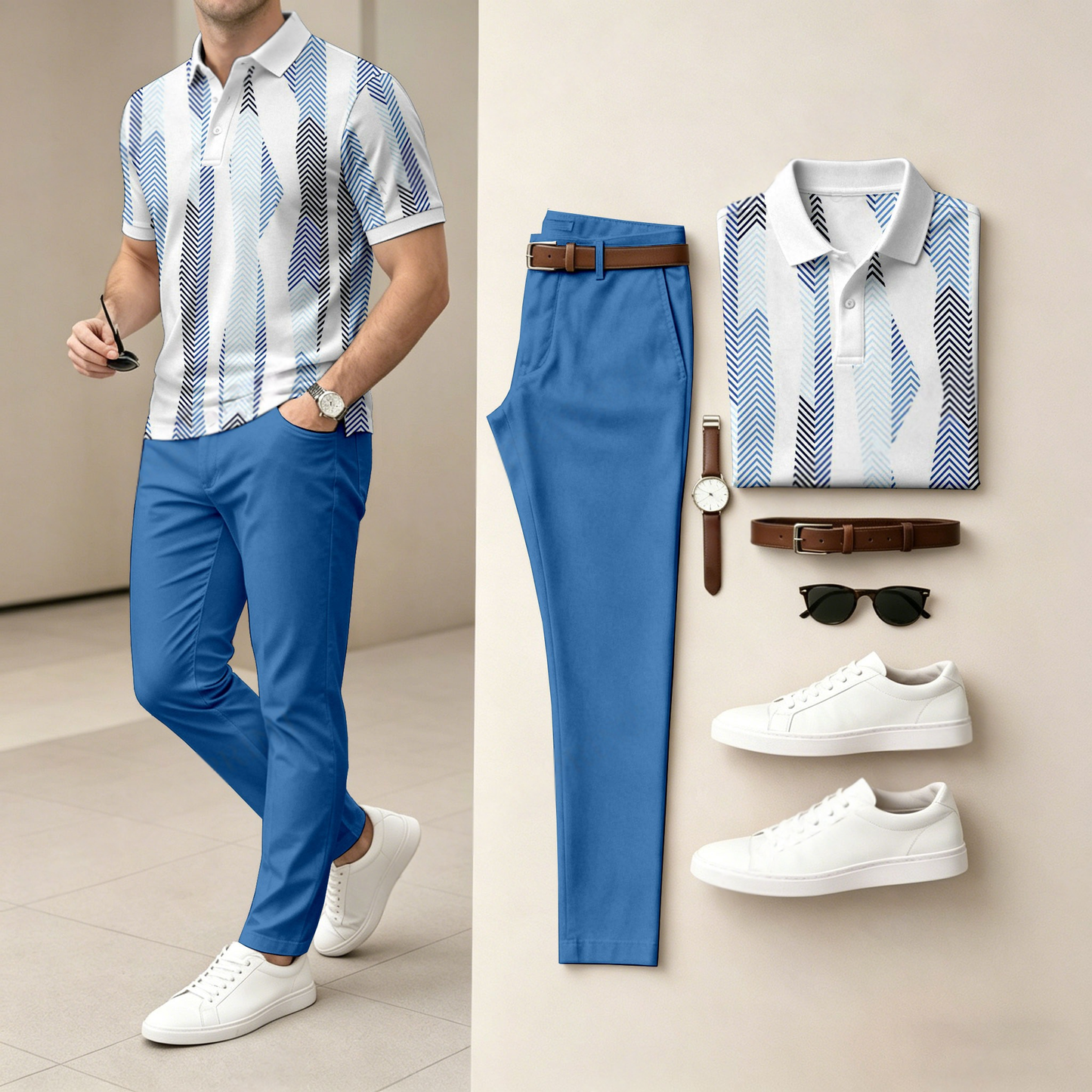 Men's Casual Multi-Color Block Print Short-Sleeve Polo Shirt And Pants Set (Excludes Accessories Such As Watches And Belts)