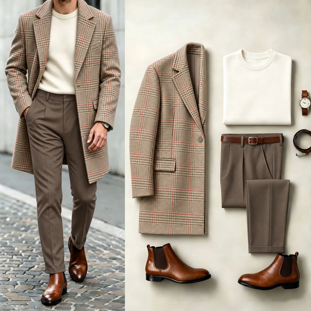 Men's Checkered Print Coat, Crew-Neck Sweater, and Slacks Three-Piece Set