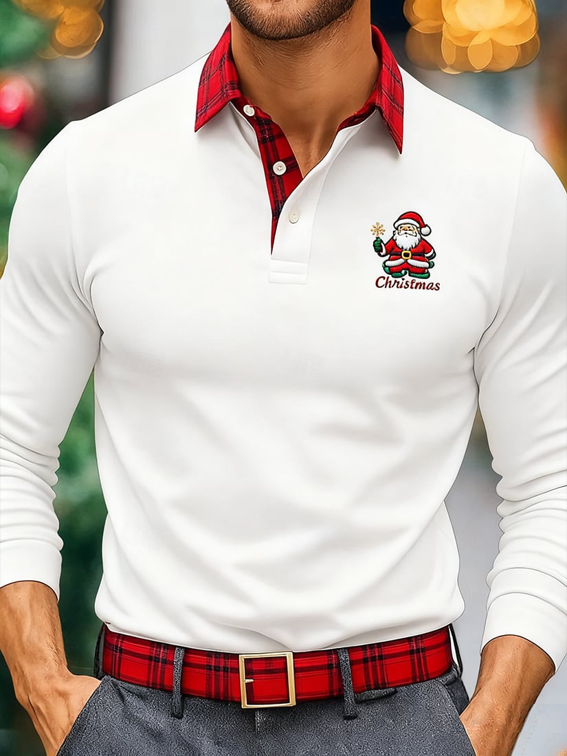 Men's Christmas Plaid Long Sleeve Polo Shirt
