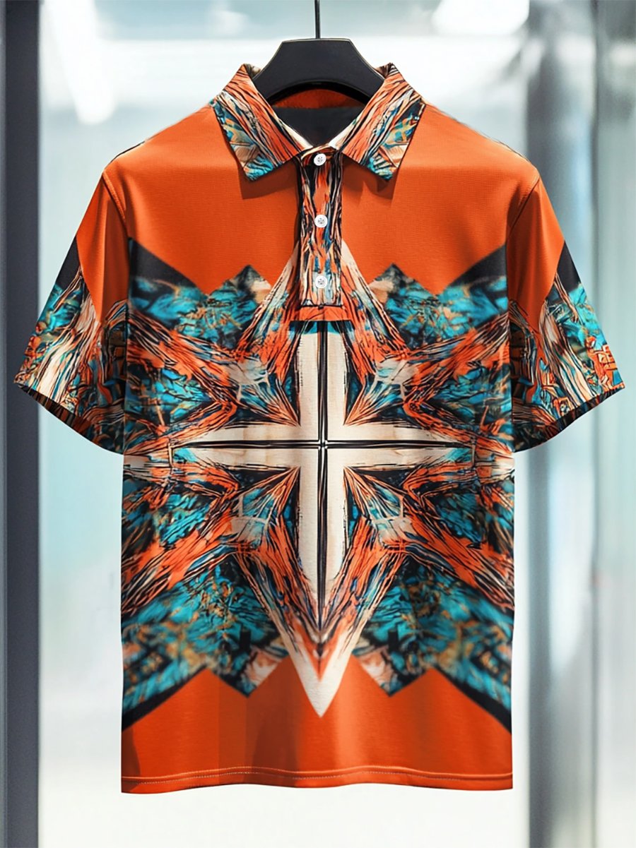 Men's Business Casual Cross Faith Button Short Sleeve Polo Shirt