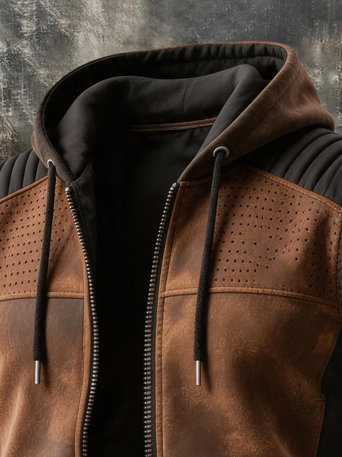 Men's Vintage-Style Distressed Leather-Panel Hooded Vest
