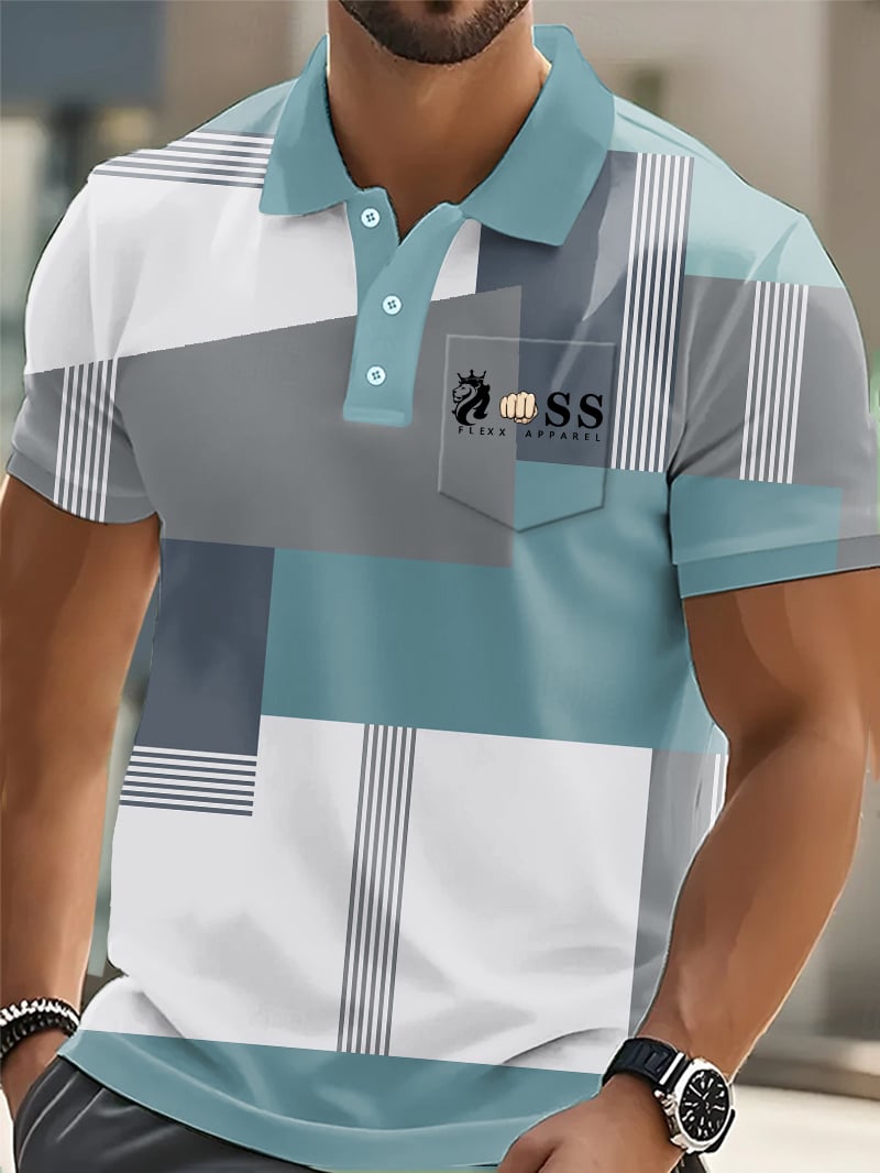 Men's Casual Business Abstract Geometric Contrast Color Polo (With Pockets)