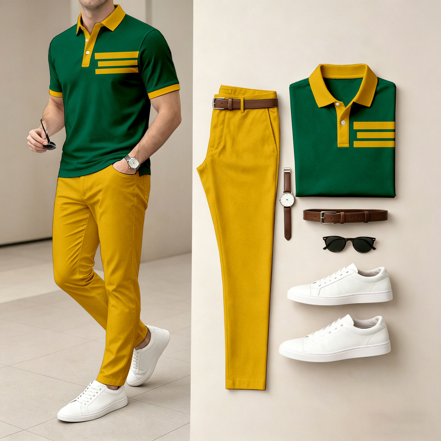 Men's Casual Color-Blocked Printed Short-Sleeve Polo Shirt And Pants Set (Excludes Accessories Such As Watches And Belts)