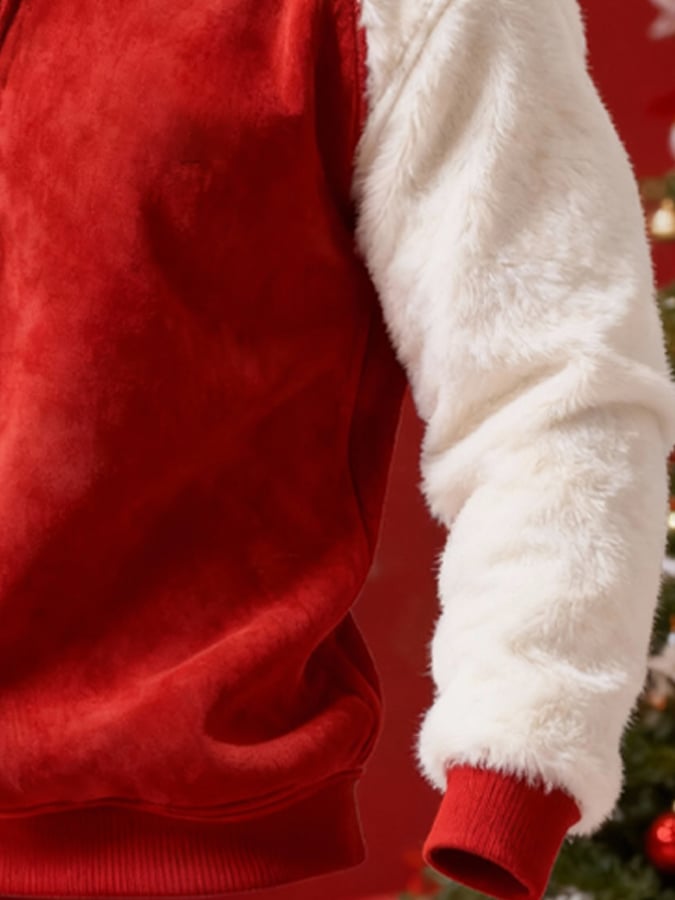 Men's Suede Warm Plush Color-Blocked Christmas Hooded Sweatshirt