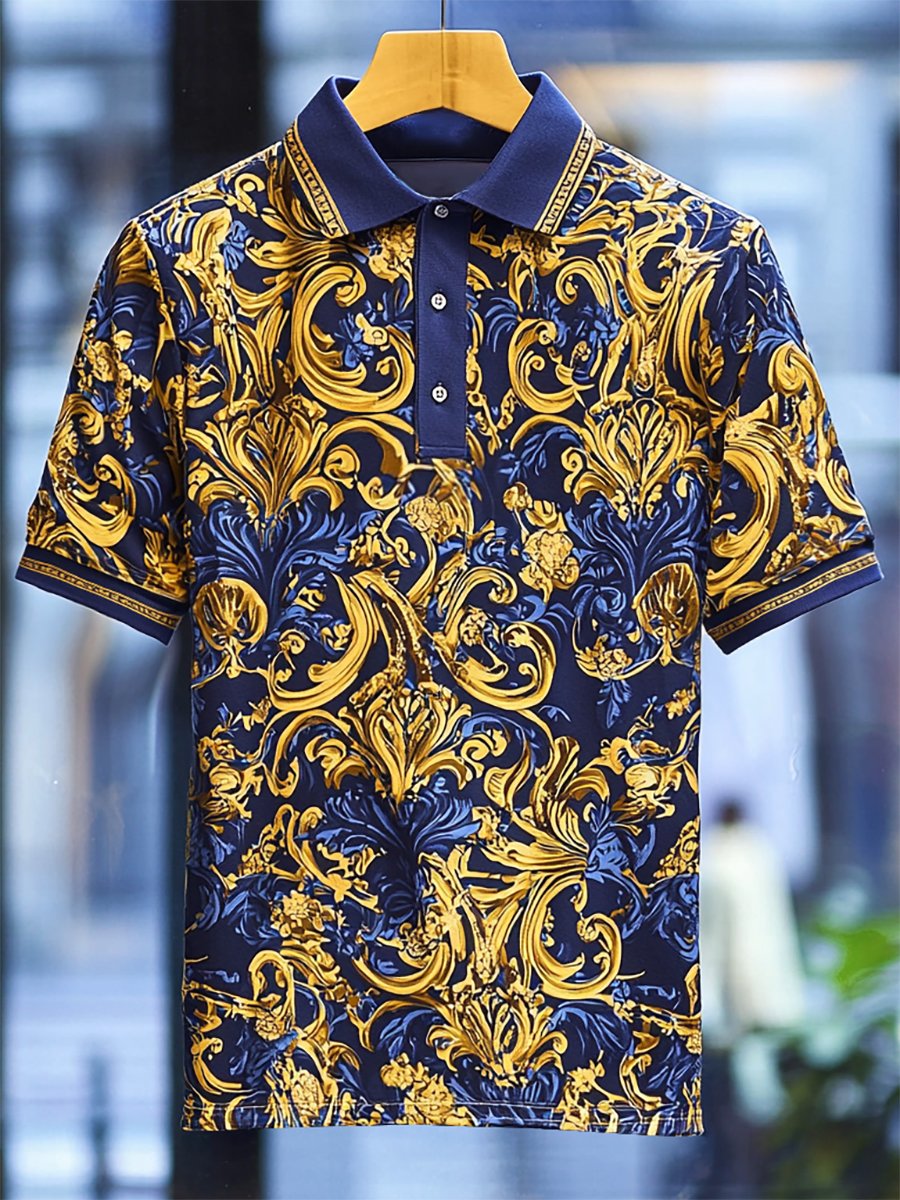 Men's Business Luxury Baroque Art Button Short Sleeve Polo Shirt
