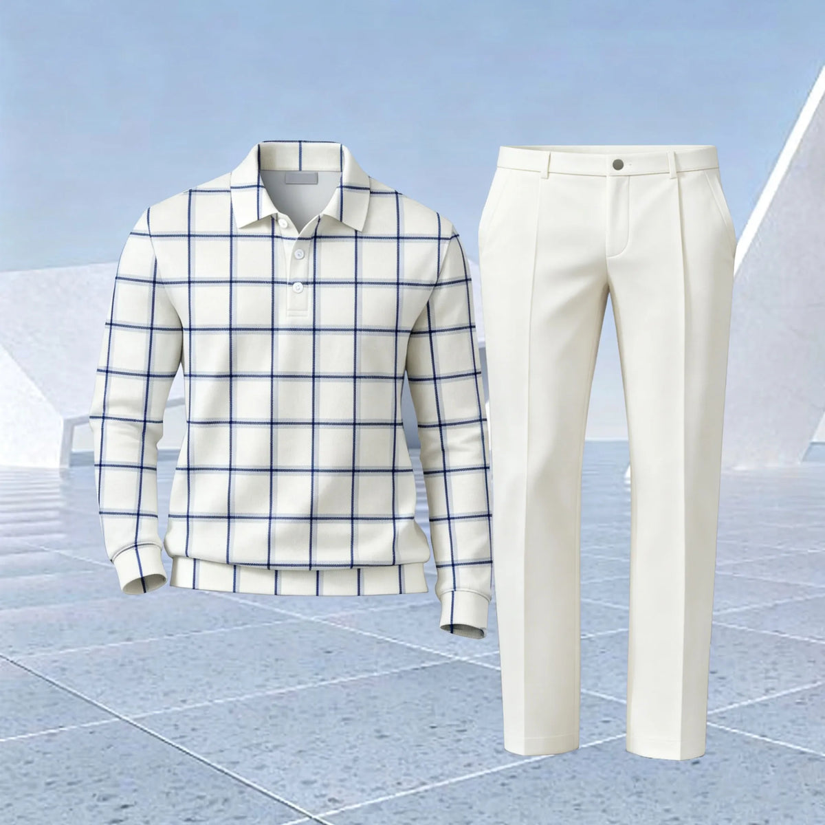 Men's Checkered Polo Shirt and Pants Set
