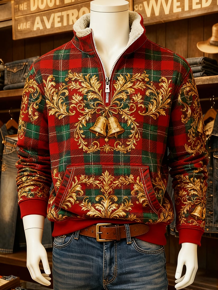 Men's Vintage Christmas Holiday Quarter Zip Fur Collar Sweatshirt