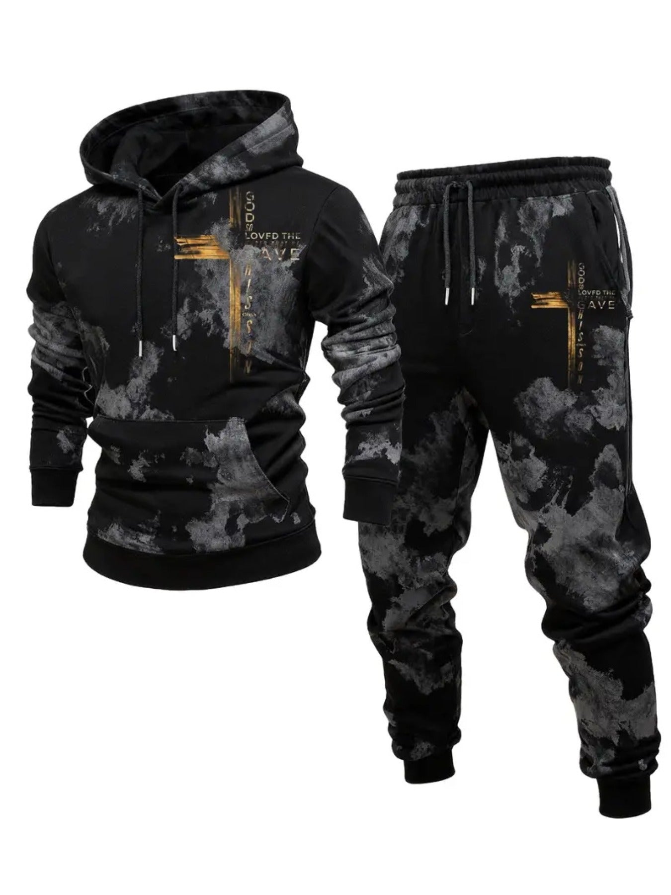 Men's Casual Black & Gray Color Matching Printed Hoodies Long Sleeved Sweatshirts & Sweatpants Two-Piece Set