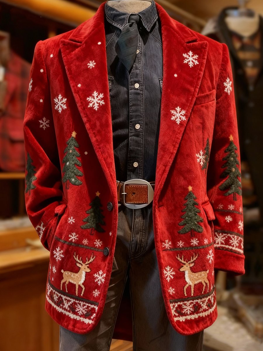 Men's Fashion Christmas Evergreen Deer Lapel Suit Jacket