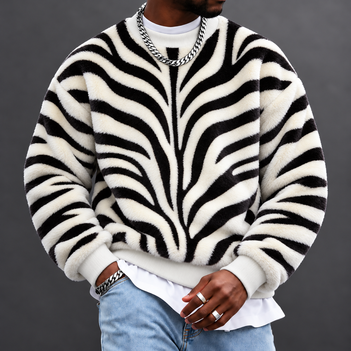Men's Zebra-Print Crew-Neck Sweatshirt