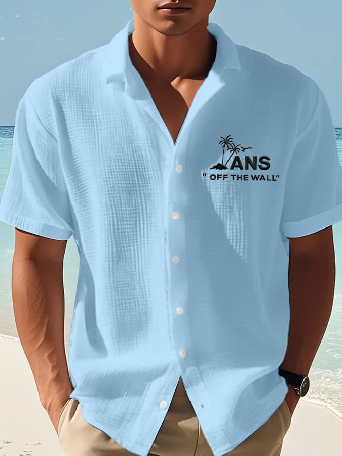 Men's Sports Logo Printed Casual Waffle Shirt (No Chest Pocket)
