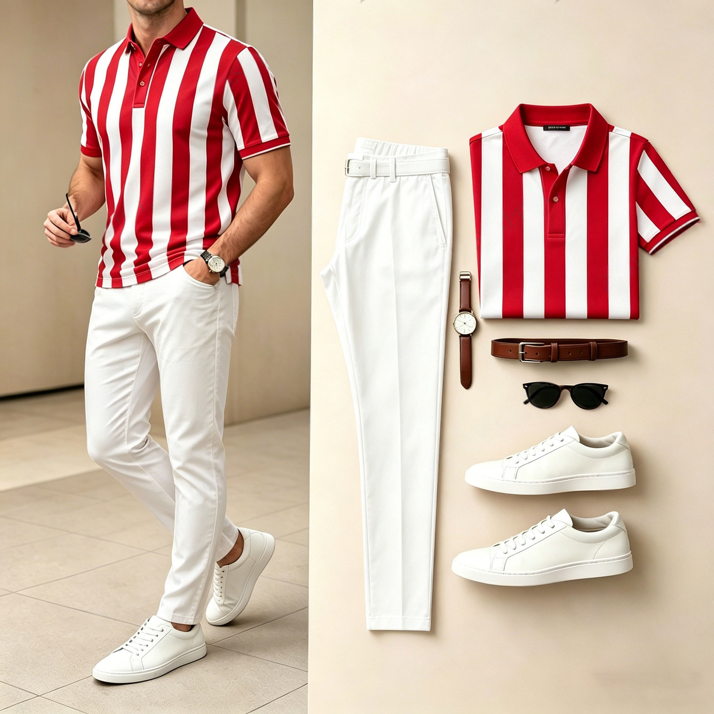 Men's Casual Vertical-Striped Patchwork-Print Short-Sleeve Polo Shirt And Pants Set (Excludes Accessories Such As Watches And Belts)