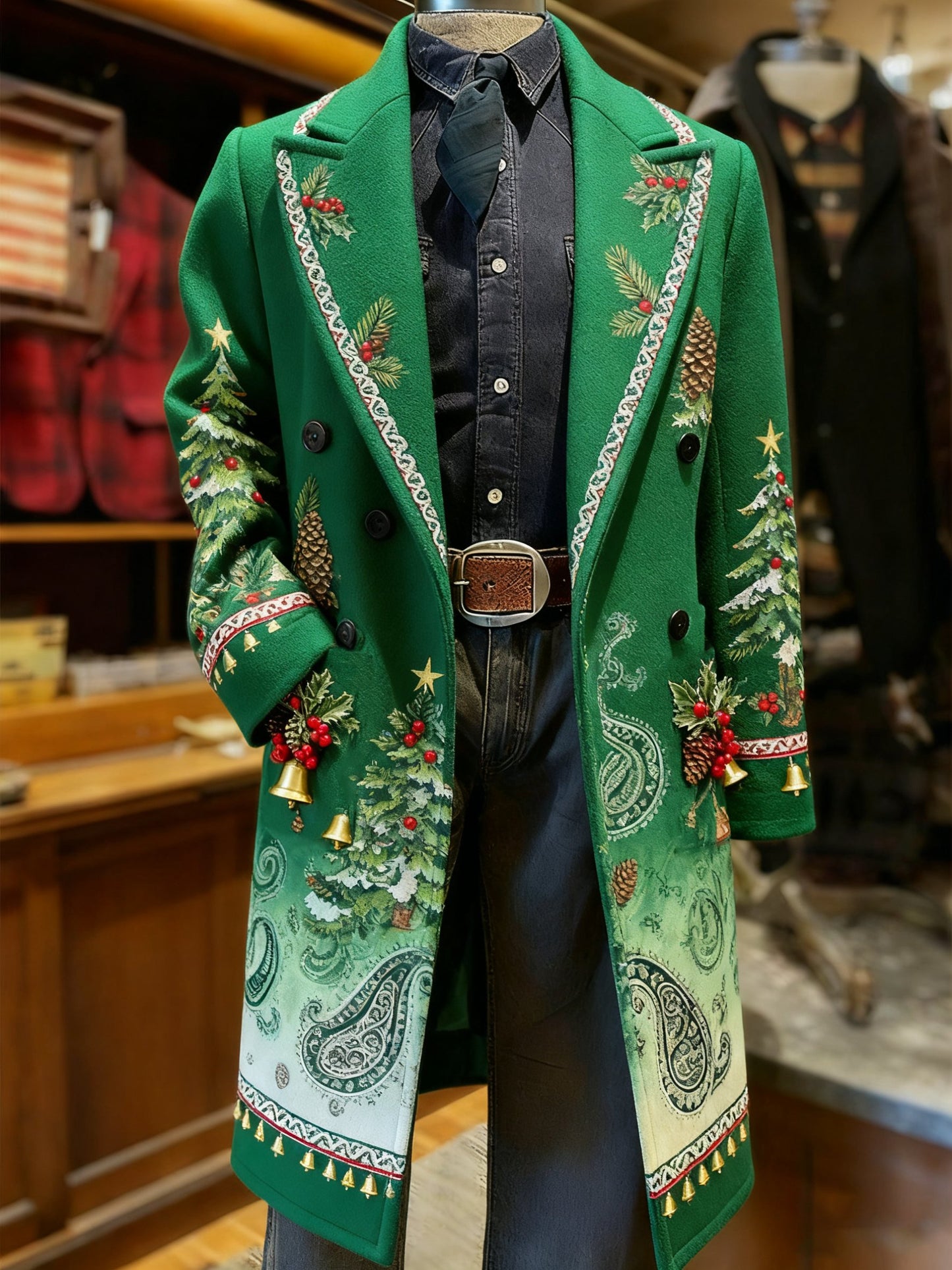 Men's Business Christmas Snowflake Long Wool Coat