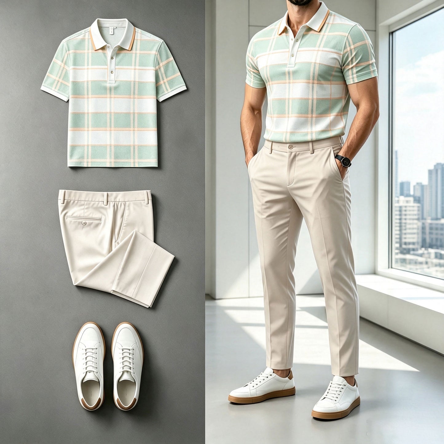 Men's Checkered Short-Sleeve Polo Shirt and Pants Set