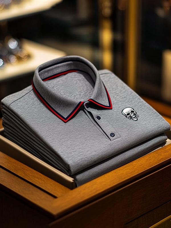 Men's Business Casual Skull Print Button-Down Polo Shirt
