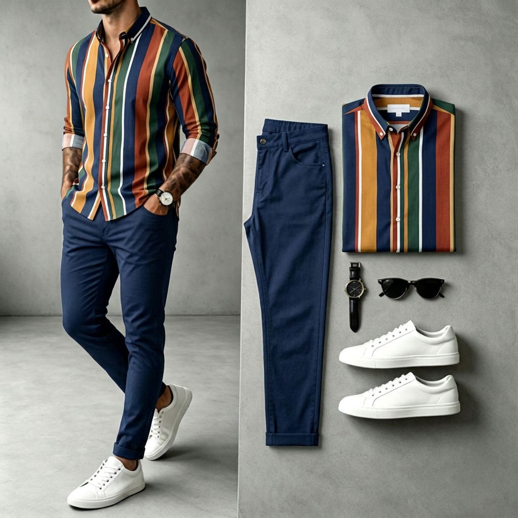 Men's Two-Tone Long-Sleeve Shirt and Pants Set