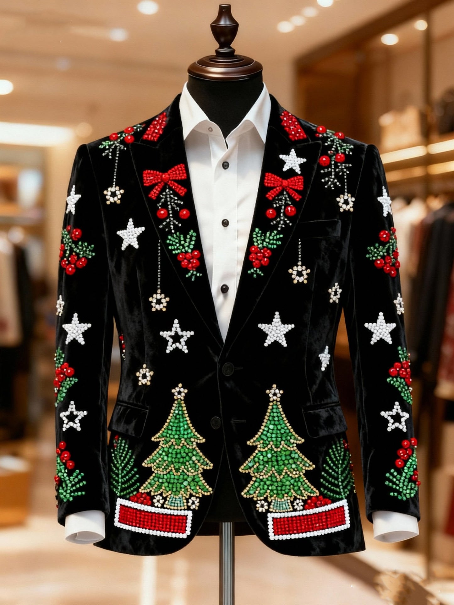 Men's Christmas Tree Casual Print Large Pocket Blazers
