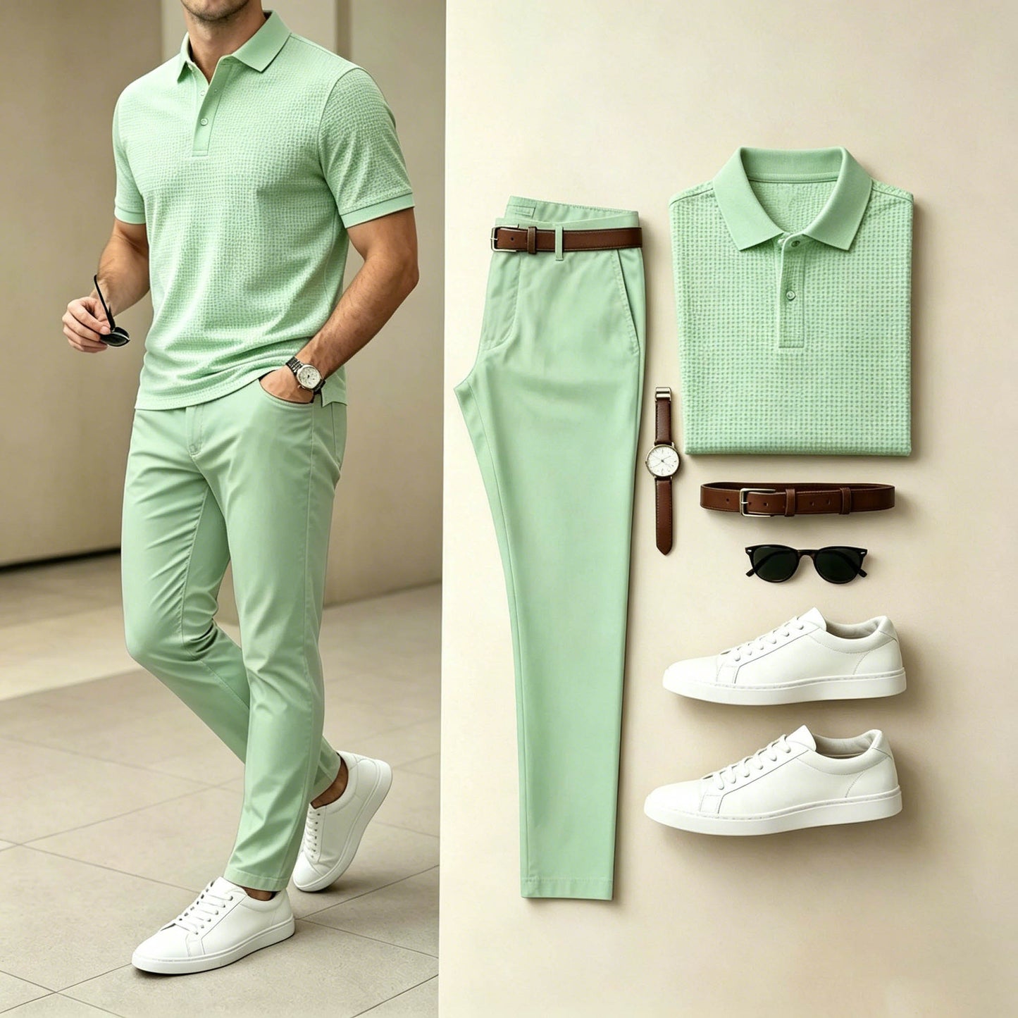 Men's Casual Green Waffle Texture Polo Shirt & Pants Two-Piece Set