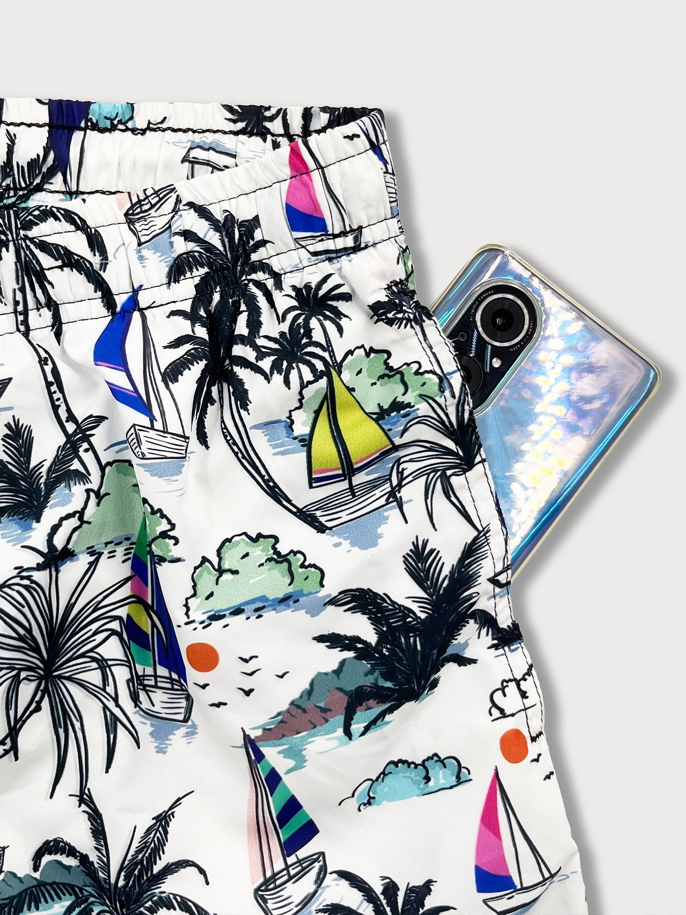 Palm Tree Sailboat Print Swim Shorts