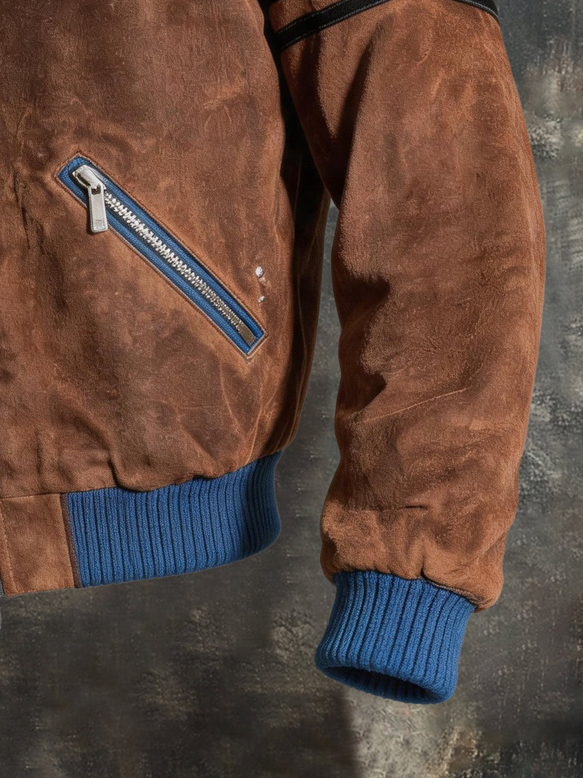 Men's Vintage Denim-Panel Zip-Up Jacket with Lapel Collar