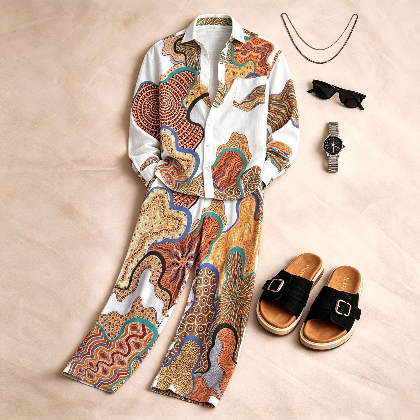 Men's Abstract Print Long-Sleeve Shirt and Pants Set